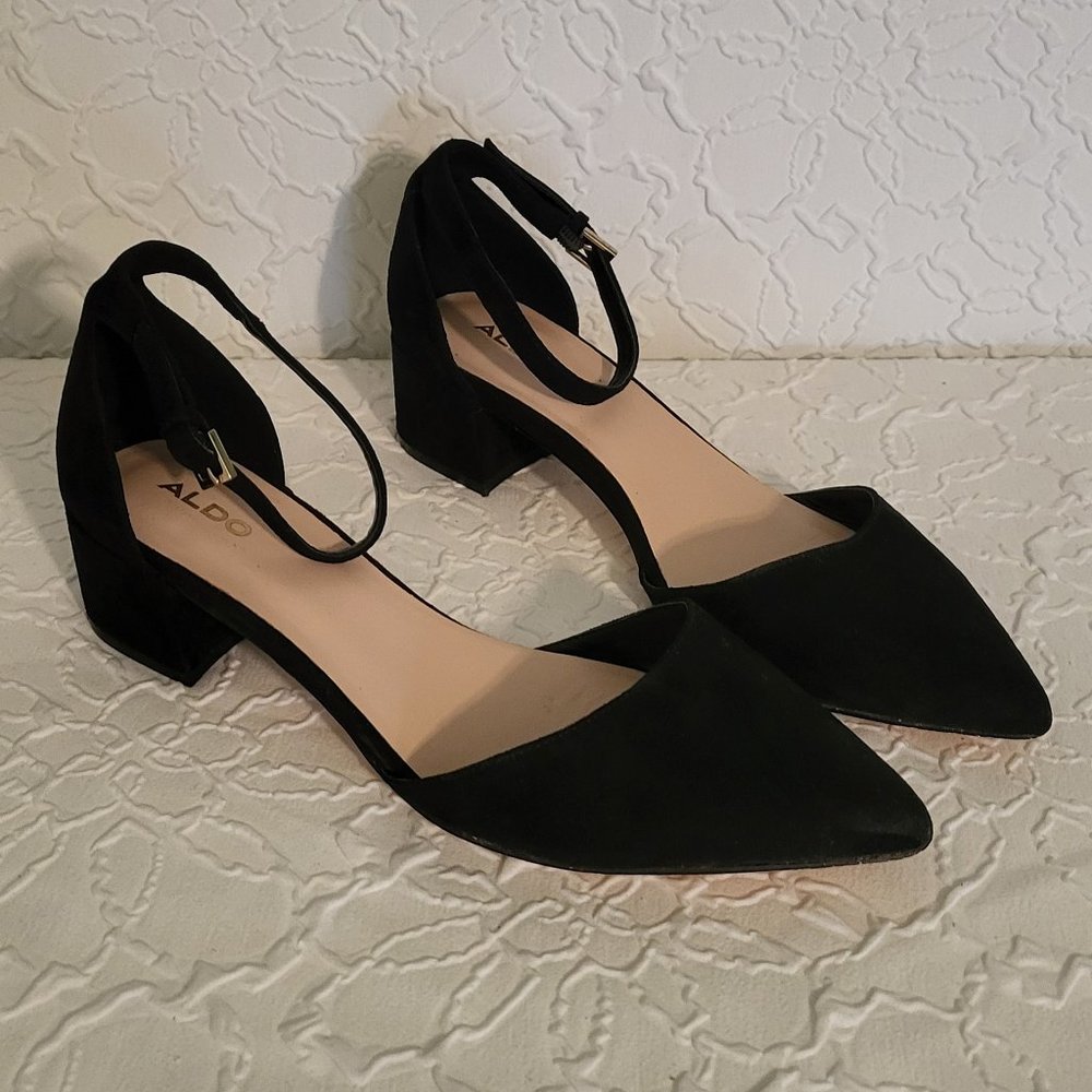 ALDO’s Black Suede Block Heel Pointed Toe Ankle Strap Dress Heels Women's 10